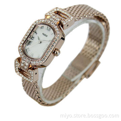 Trendy Western Rose Gold Diamond Ladies' Watch, Stainless Steel Material Case and Mesh Band, 3ATM